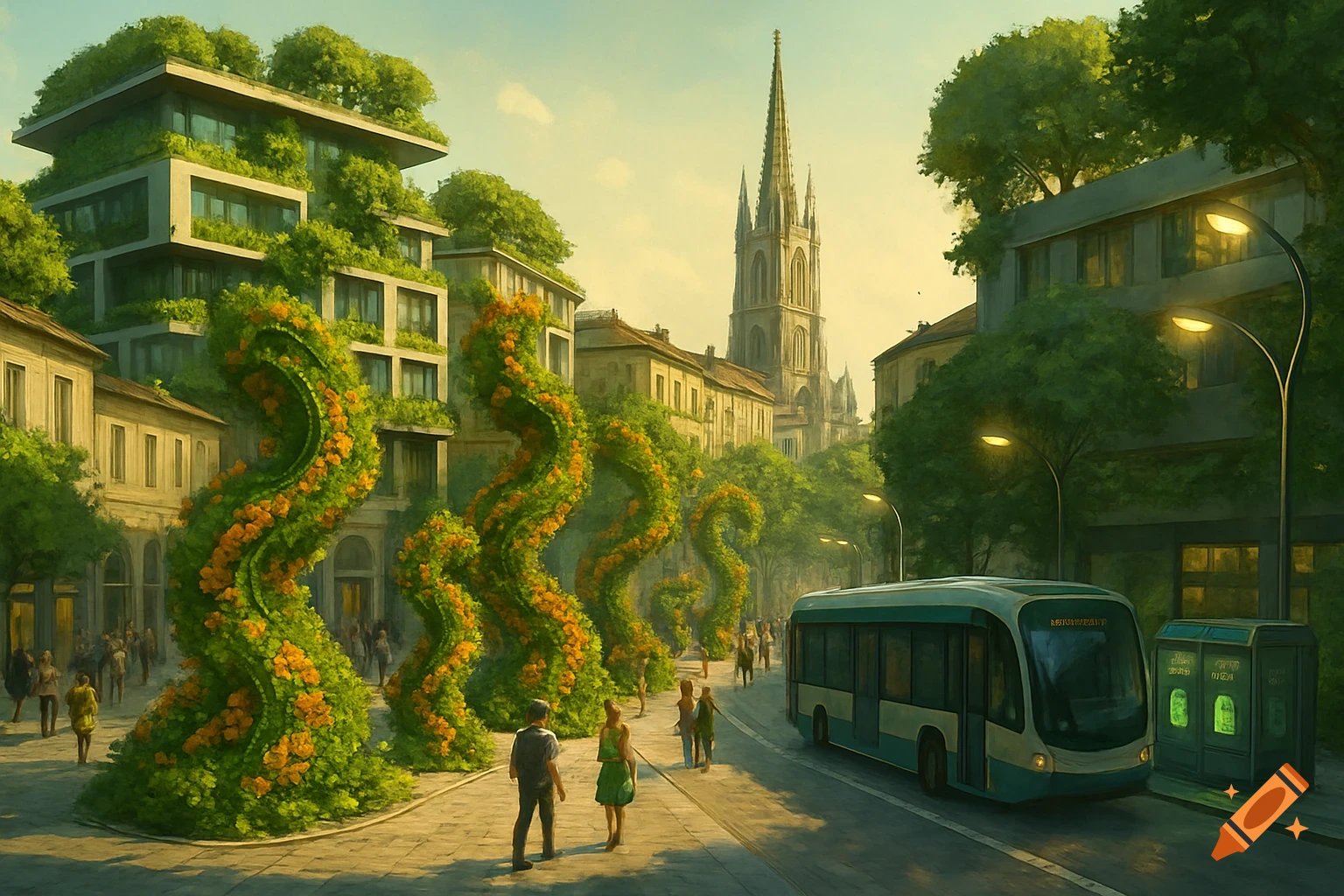 A vibrant green city scene with buildings featuring green roofs and large, winding floral sculptures. A blue electric bus is on the street with people walking on the sidewalk and a tall church spire in the background.