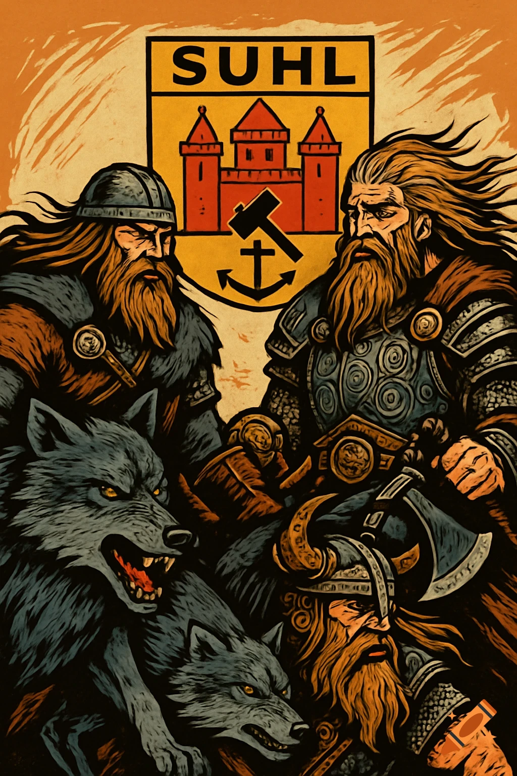 Comic art of two long-bearded Vikings in armor, with growling wolves, against a yellow shield displaying 'SUHL' and a red castle.