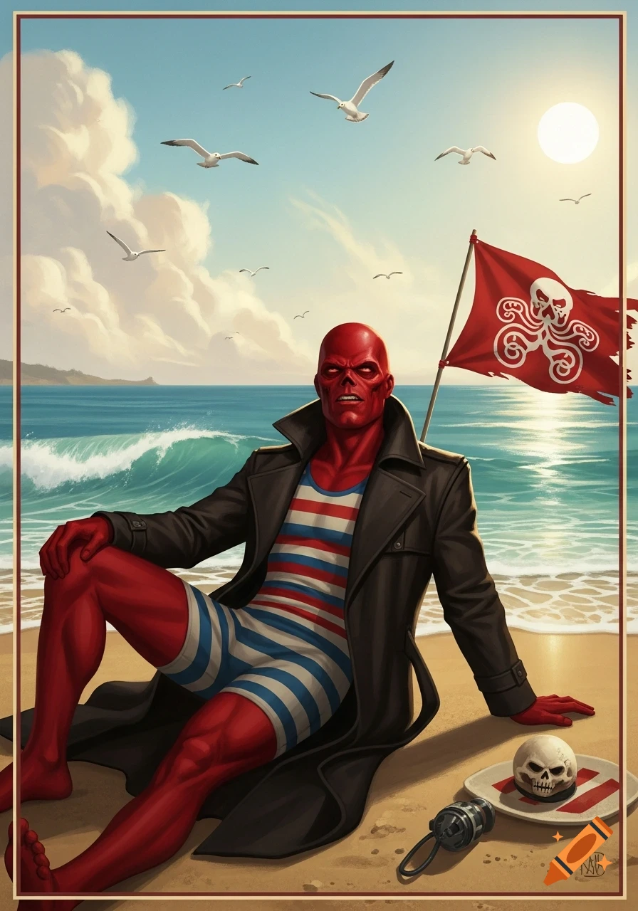 Red Skull, wearing swim trunks and a trench coat, relaxes on a sunny beach with waves, seagulls, and a red flag with a skull and octopus symbol.