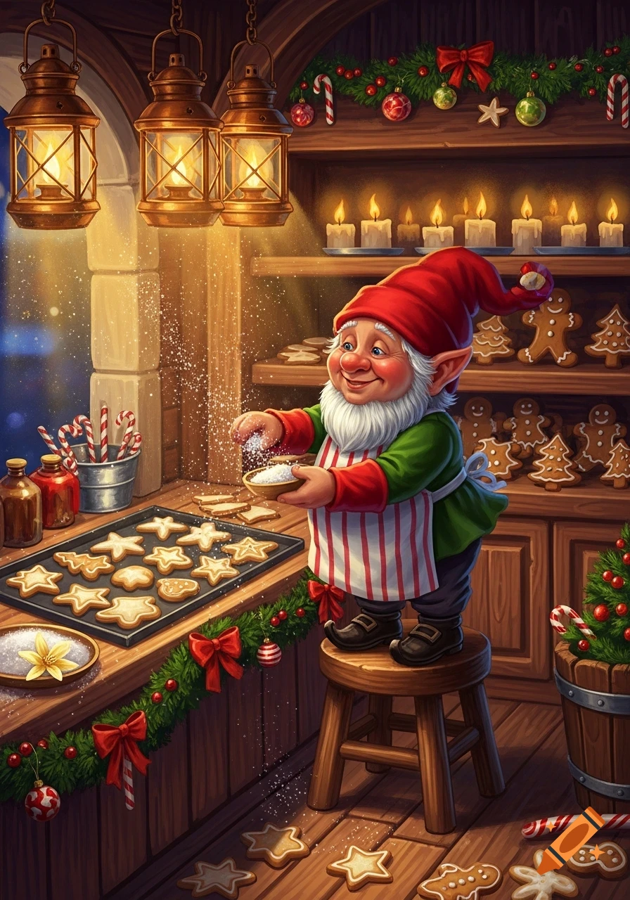A cheerful gnome sprinkles sugar on star-shaped cookies in a festive Christmas bakery, surrounded by garlands and gingerbread men.