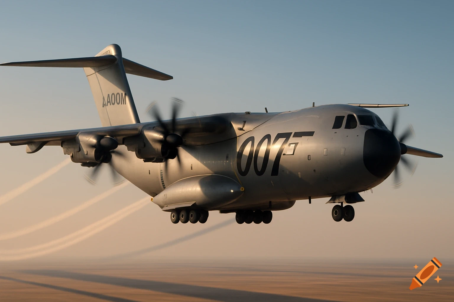 Photorealistic image of a grey Airbus A400M transport aircraft, marked with "007" on its fuselage, flying low over a desert.