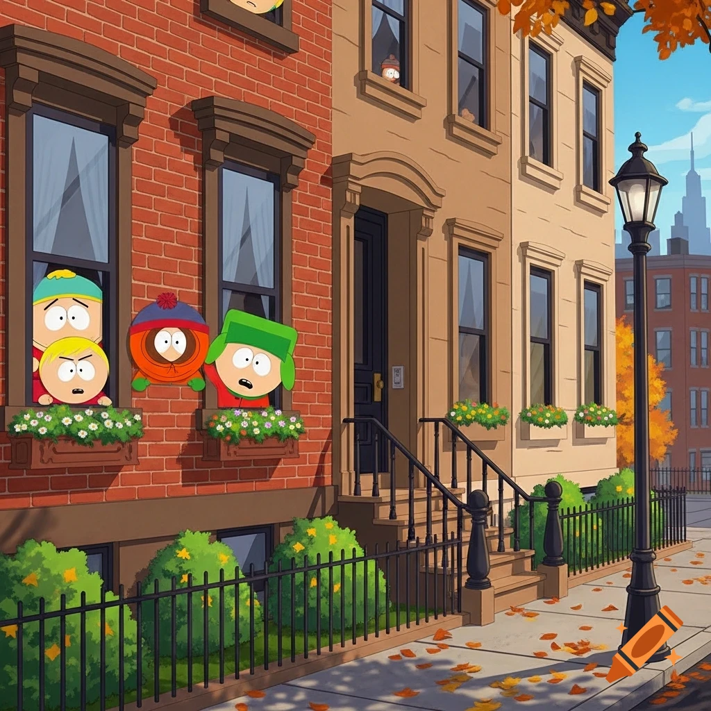 Cartoon South Park characters peek out of brownstone windows on an autumn city street with fallen leaves.