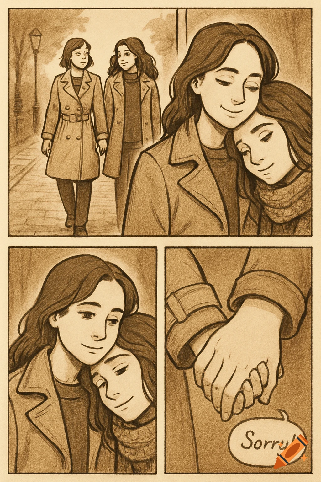 Sepia-toned comic strip of two women walking, embracing, and holding hands. A speech bubble says 'Sorry!'.