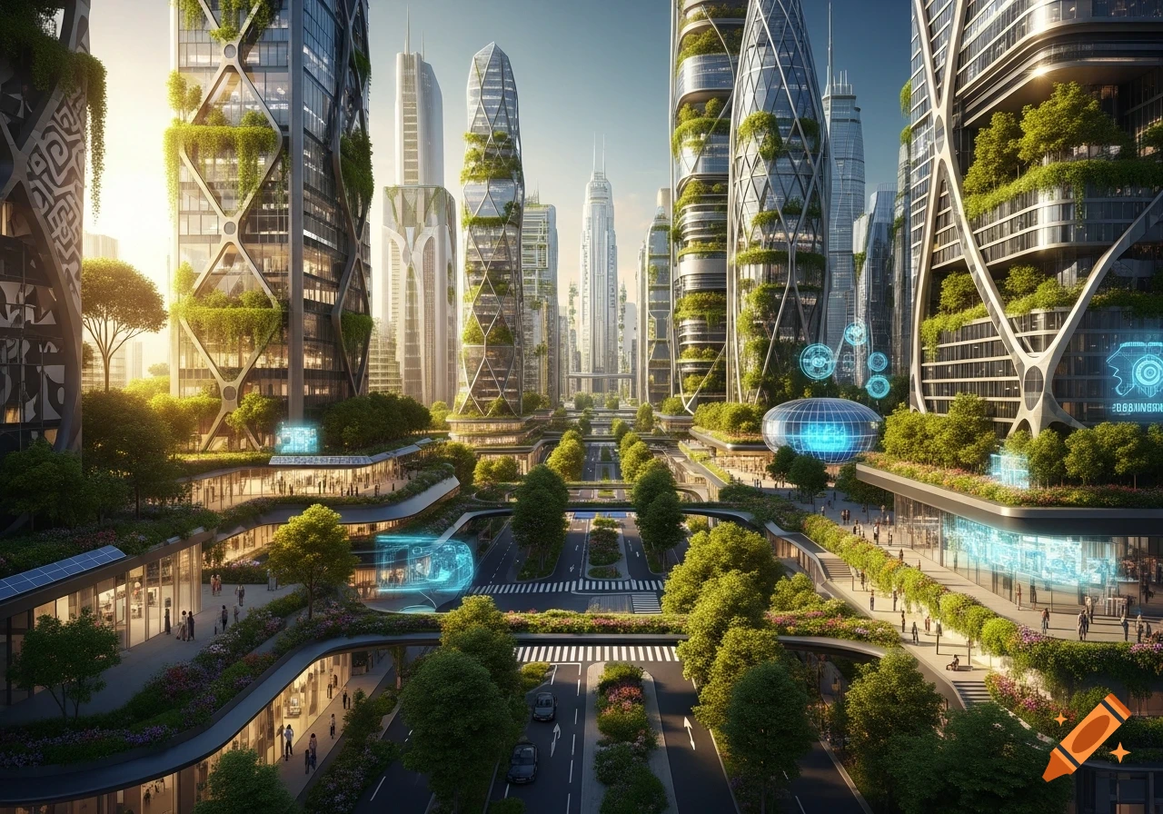 An aerial view of a futuristic city with skyscrapers covered in lush green vegetation and modern architecture, featuring clean roads and pedestrian walkways.