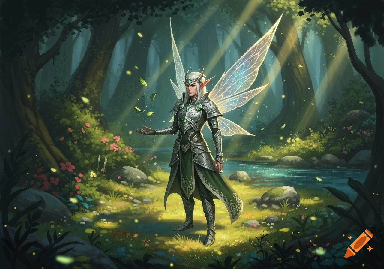 An armored elf with glowing wings stands in a sunlit magical forest, conjuring leaves with an outstretched hand.