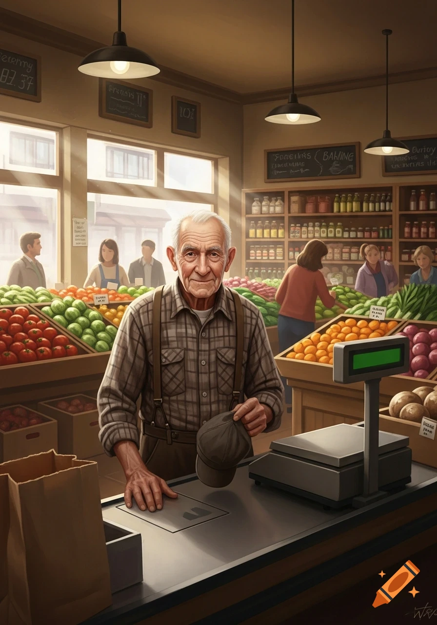 An old man wearing suspenders stands at a grocery store checkout counter, holding a cap, with fresh produce and other customers in the background.
