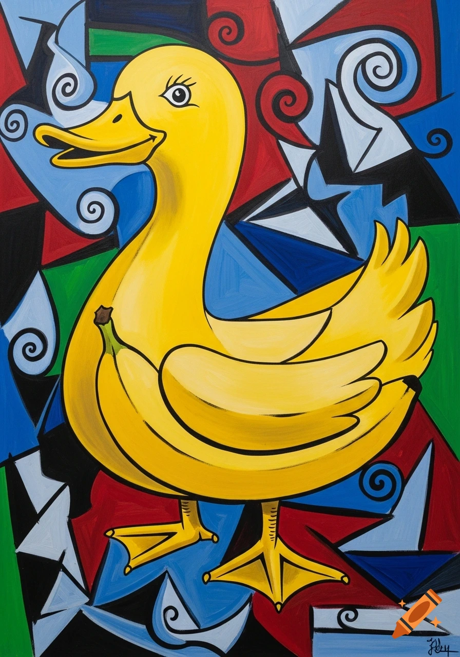 A colorful Pop Art style painting of a yellow duck with bananas forming its body, set against an abstract geometric background.