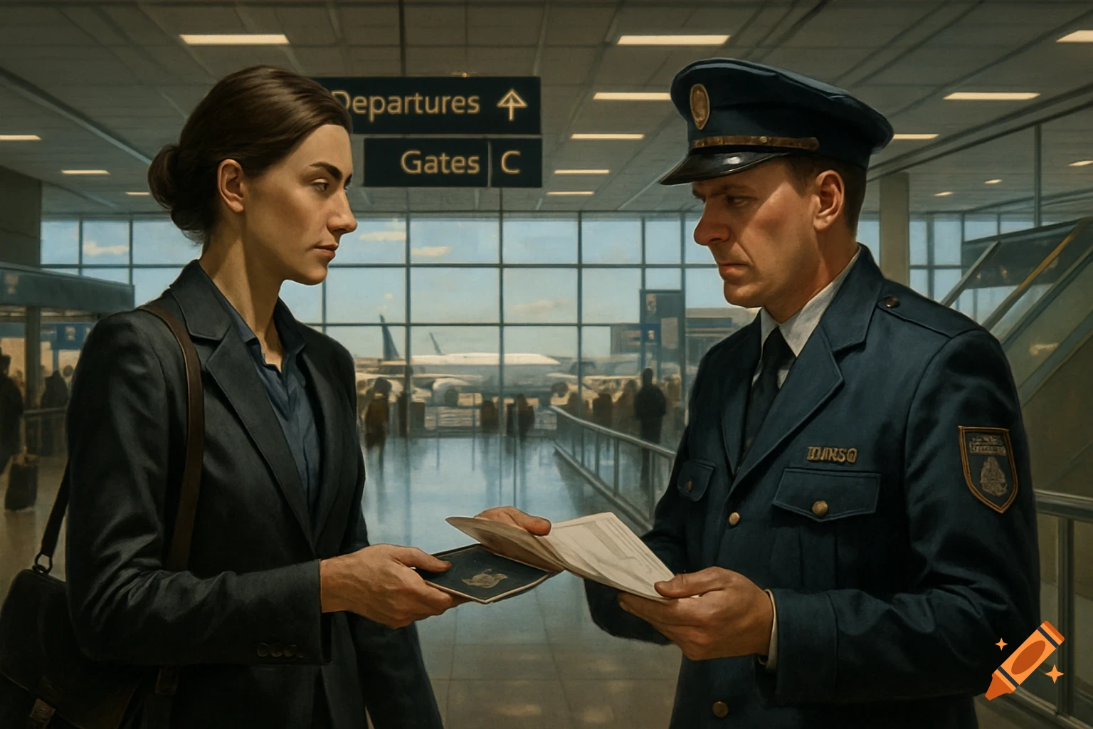 A woman in a suit presents documents to a uniformed customs officer at an airport, with an airplane visible outside.