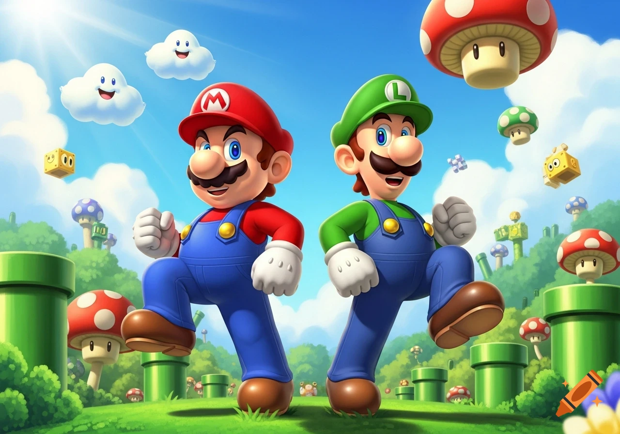 Mario and Luigi run through a vibrant, cartoonish Super Mario world with pipes, mushrooms, and smiling clouds under a bright sky.