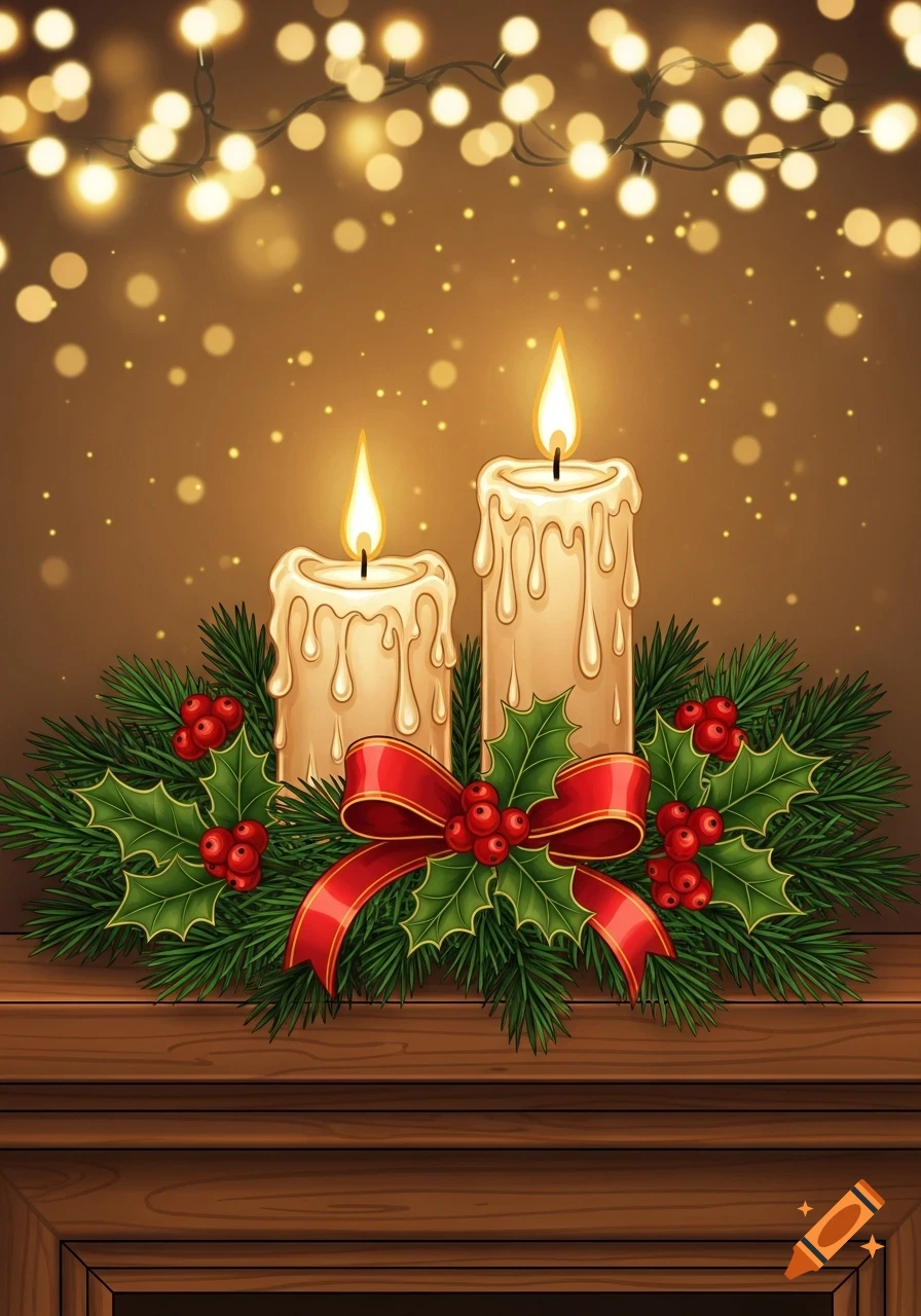 Hand-drawn Christmas illustration with two lit candles, holly, fir branches, red bow, and festive string lights background.