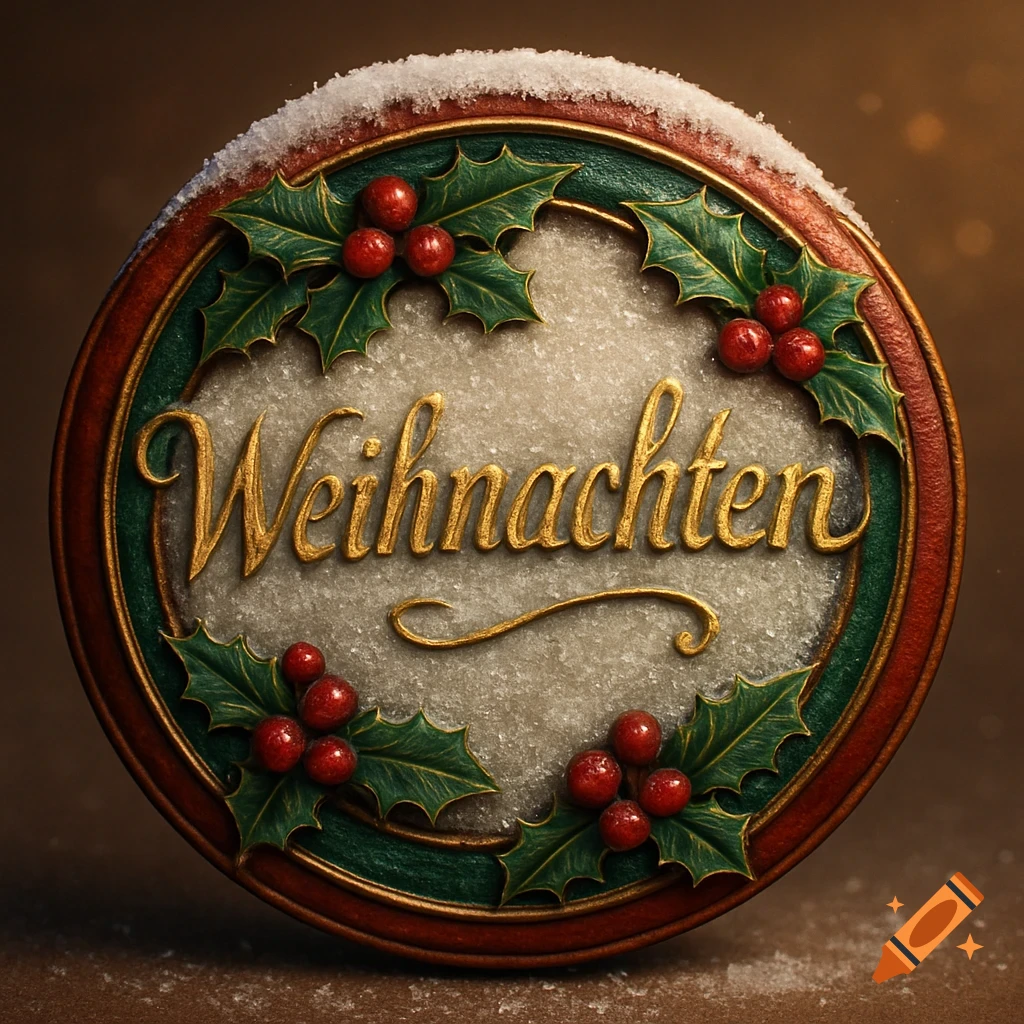 Close-up of a festive round Christmas button with a red and green border, holly, berries, and snow. 'Weihnachten' is written in gold script.