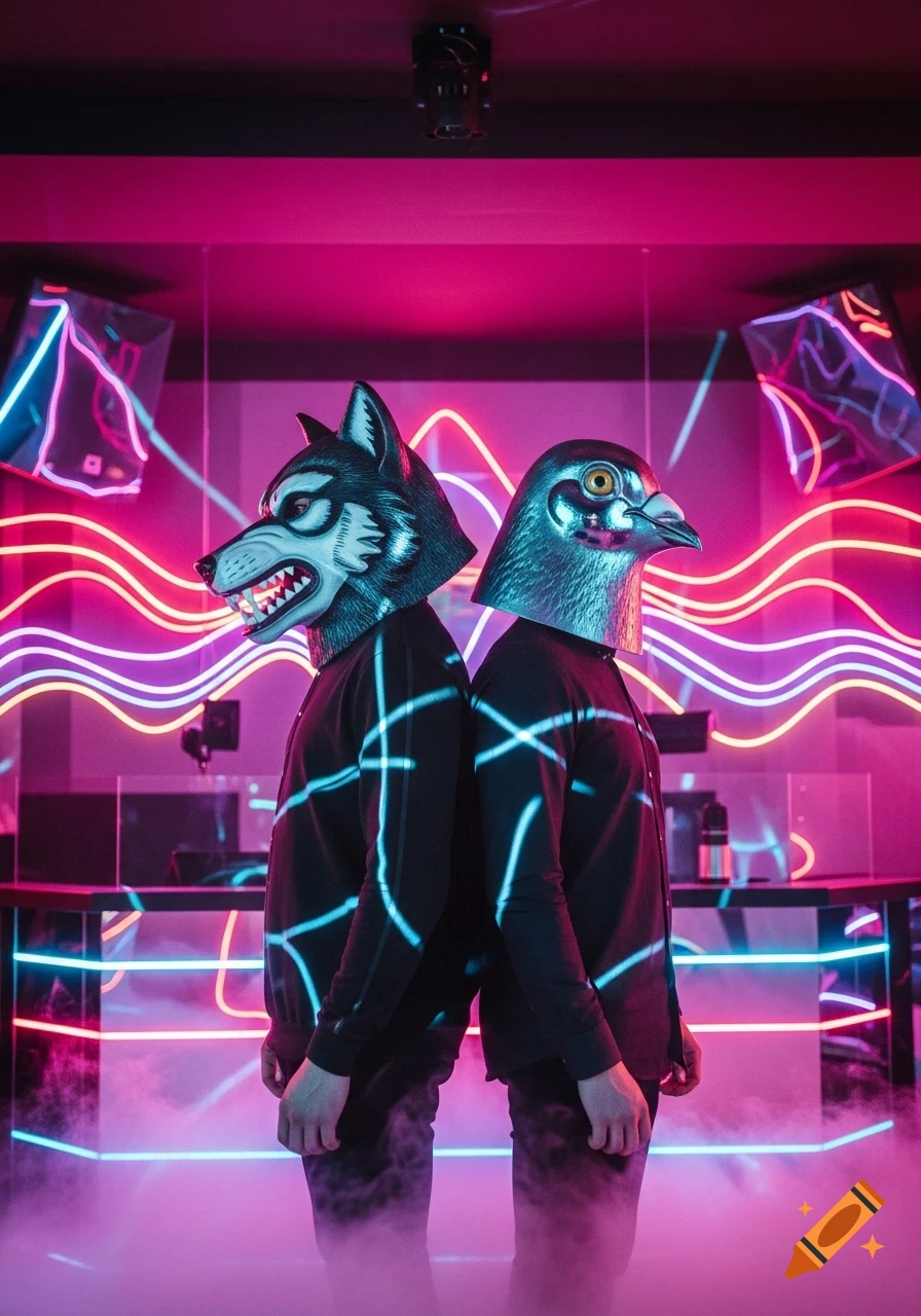 Two people in wolf and pigeon masks stand back-to-back in a vibrant pink and blue neon-lit futuristic nightclub.