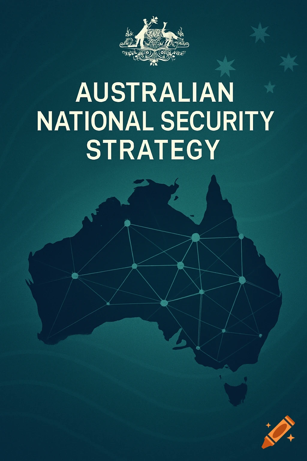 Cover sheet for Australian National Security Strategy with a dark teal background, the Australian Coat of Arms, white text, and a network-patterned map of Australia.