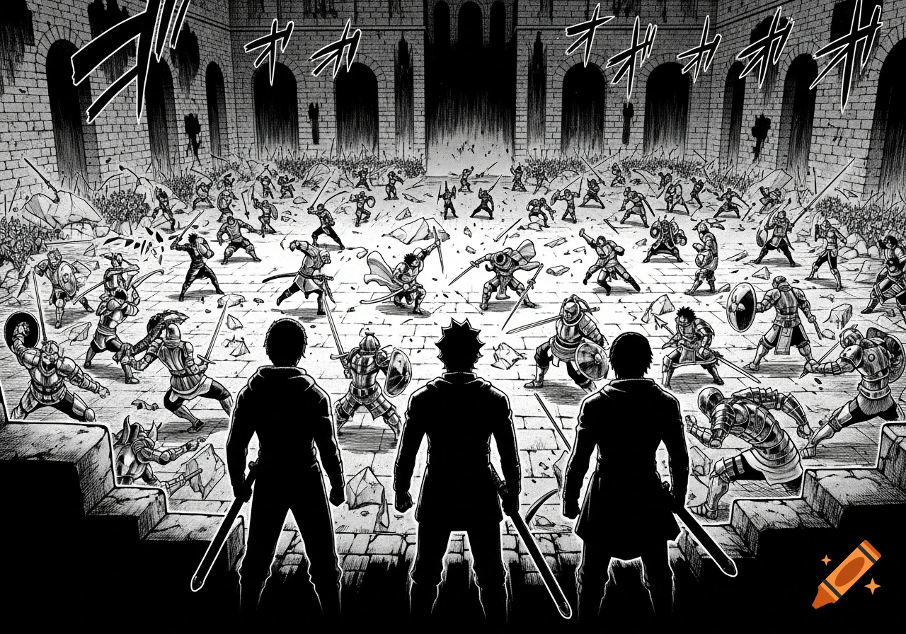 Three silhouetted figures view a chaotic dungeon courtyard battle with many warriors, in black and white manga shonen style.