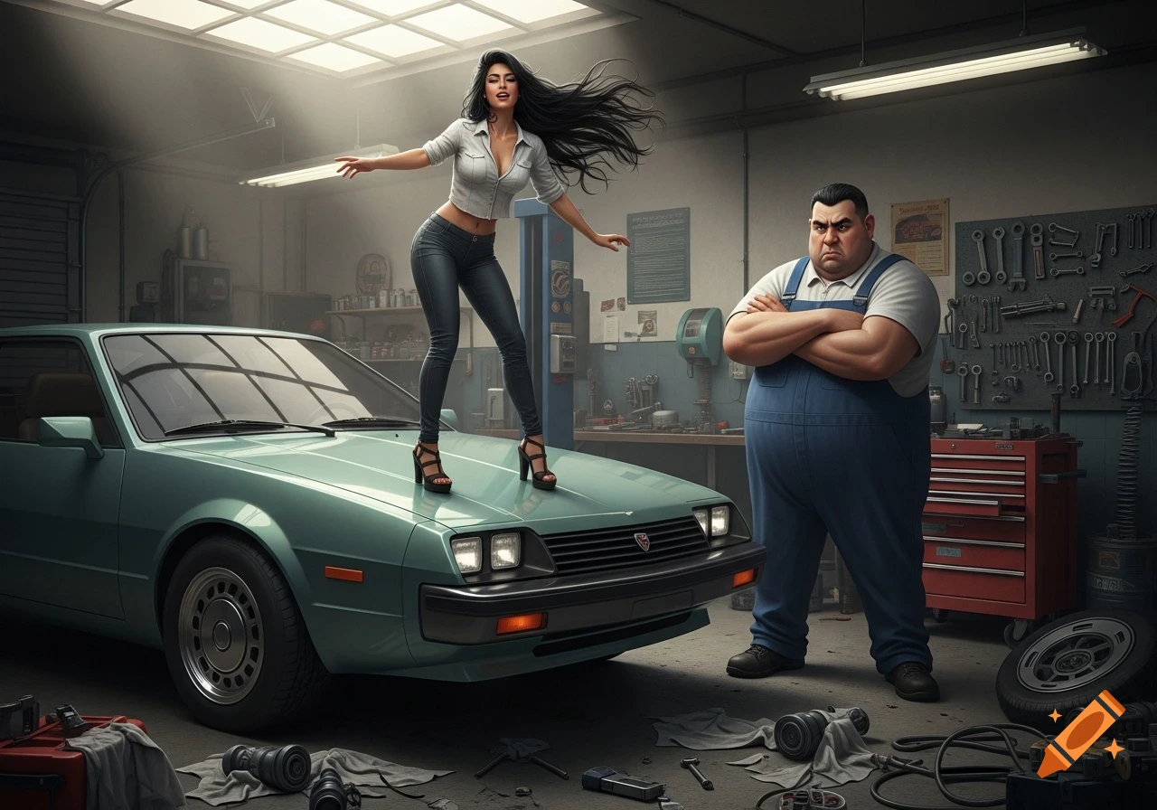A photorealistic image of a woman in a crop top and jeans dancing on a green car in a garage, next to an upset, morbidly obese mechanic.