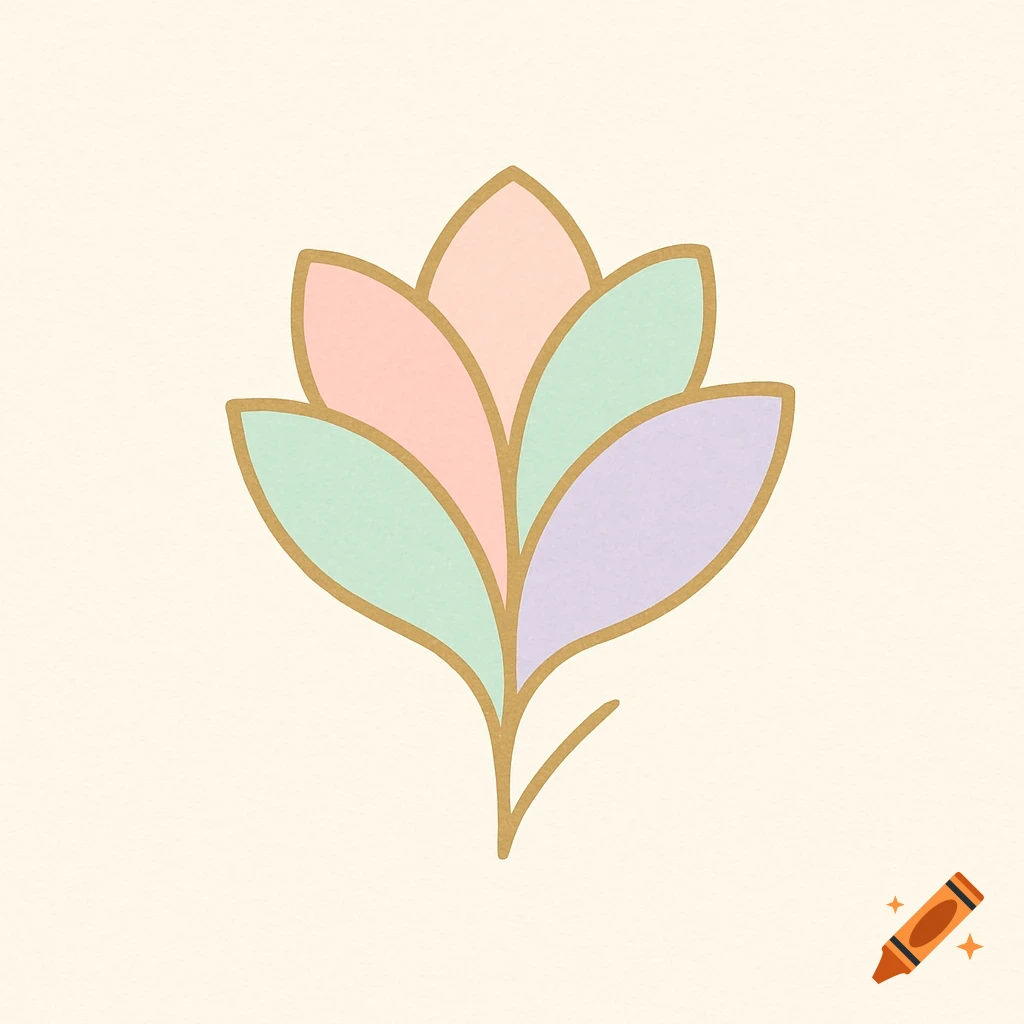 A minimalist flower logo with pastel pink, mint green, and lavender petals outlined in gold, on a light cream background.
