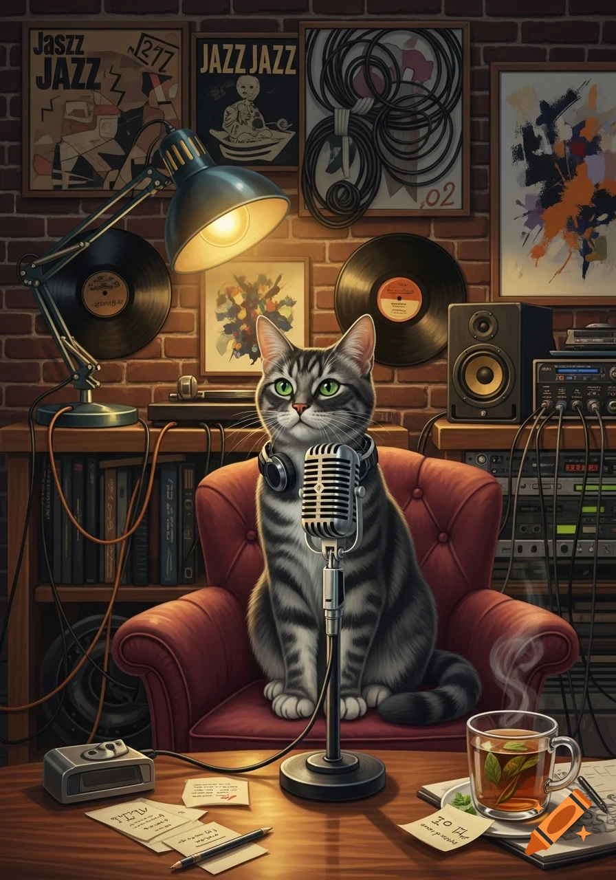 A striped cat with green eyes wears headphones and sits in a red armchair in front of a retro microphone, surrounded by music equipment, records, and jazz posters.