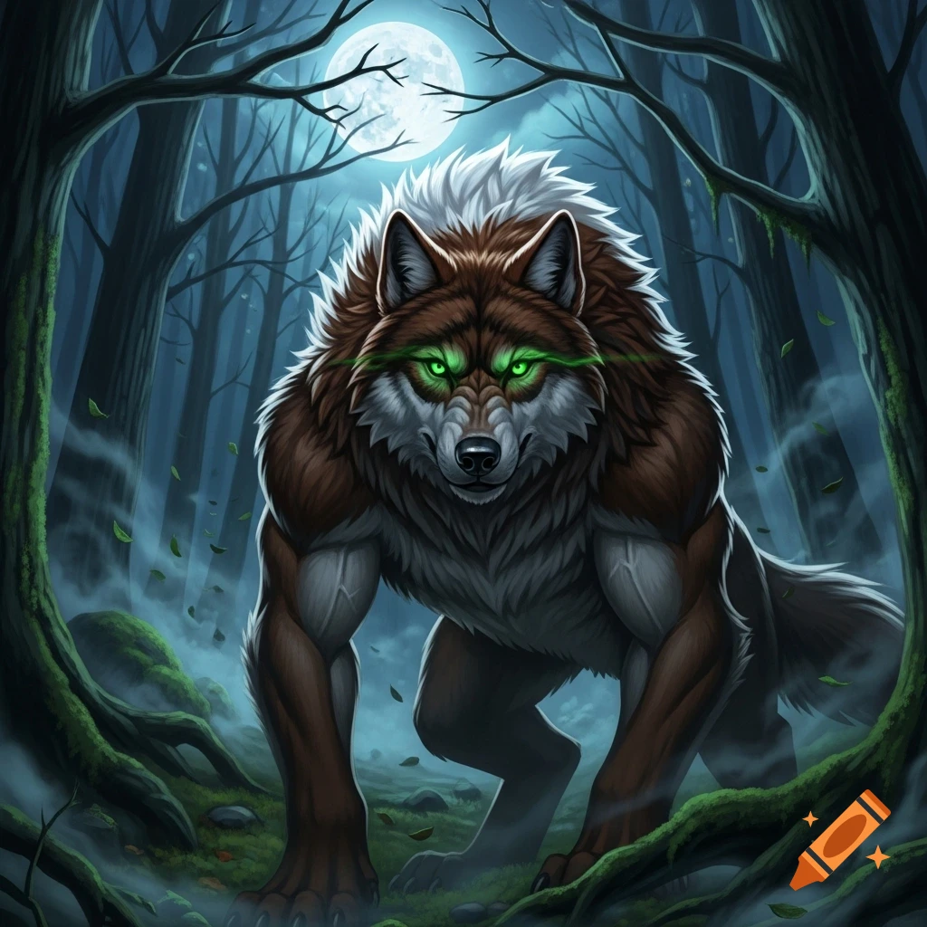 A brown and white werewolf with glowing green eyes crouches menacingly in a dark forest under a full moon, digital art.