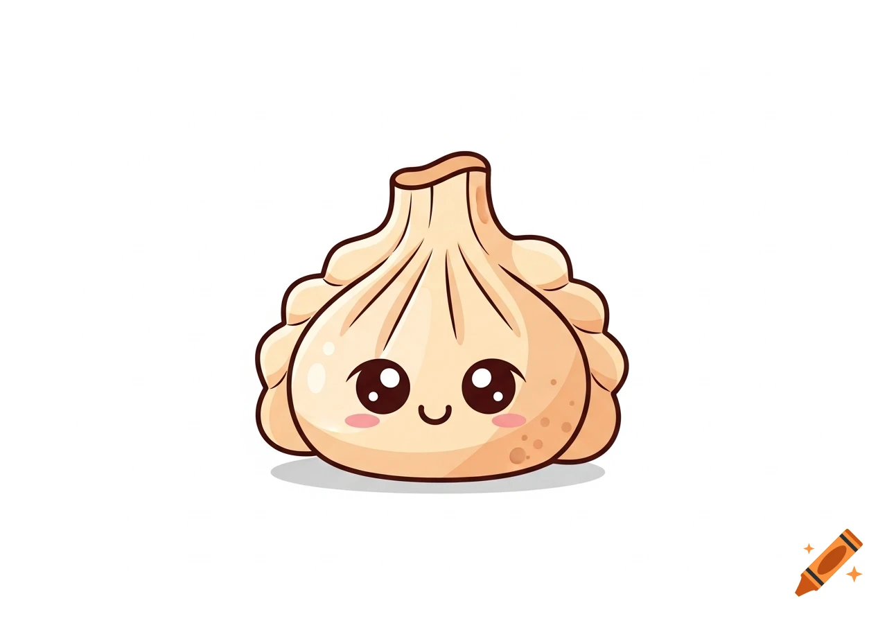 A cute, cartoon-style khinkali dumpling with a smiling face and rosy cheeks.