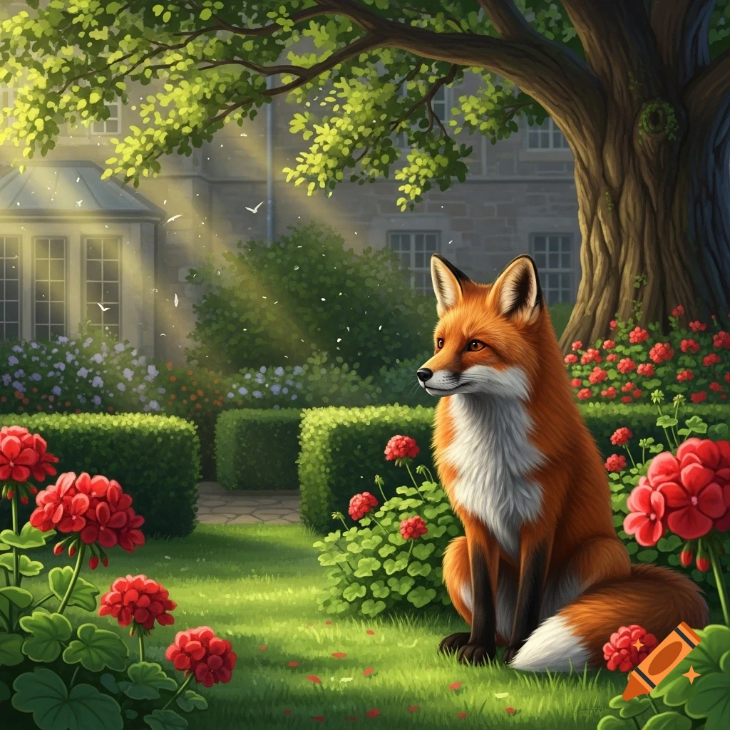 A red fox with a white chest sits in a vibrant green garden among red geraniums, with a large house and tree in the background. Digital illustration.