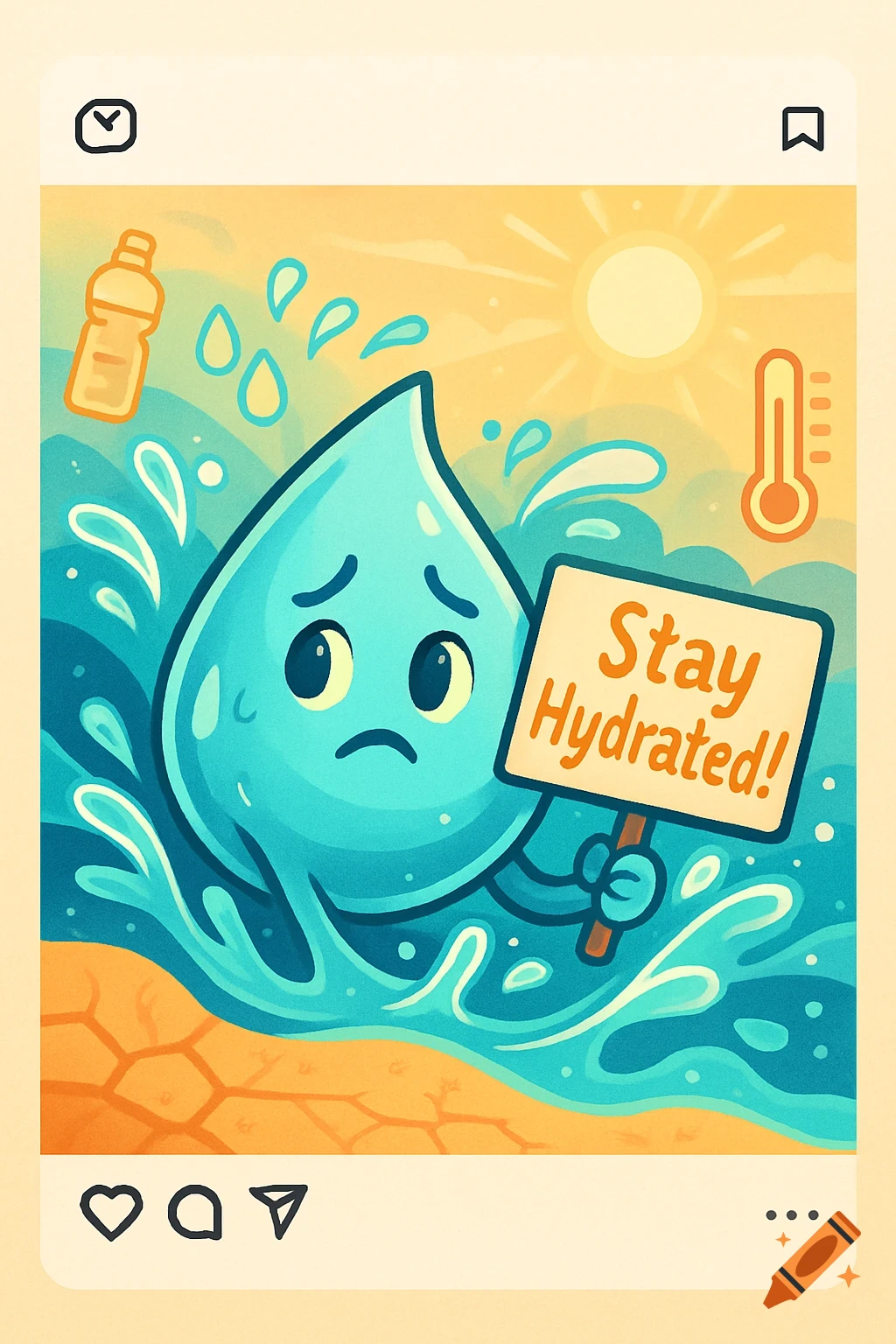 Cartoon of a sad water droplet holding a 'Stay Hydrated!' sign amidst dry cracked earth, water, and a hot sun, presented as an Instagram post.