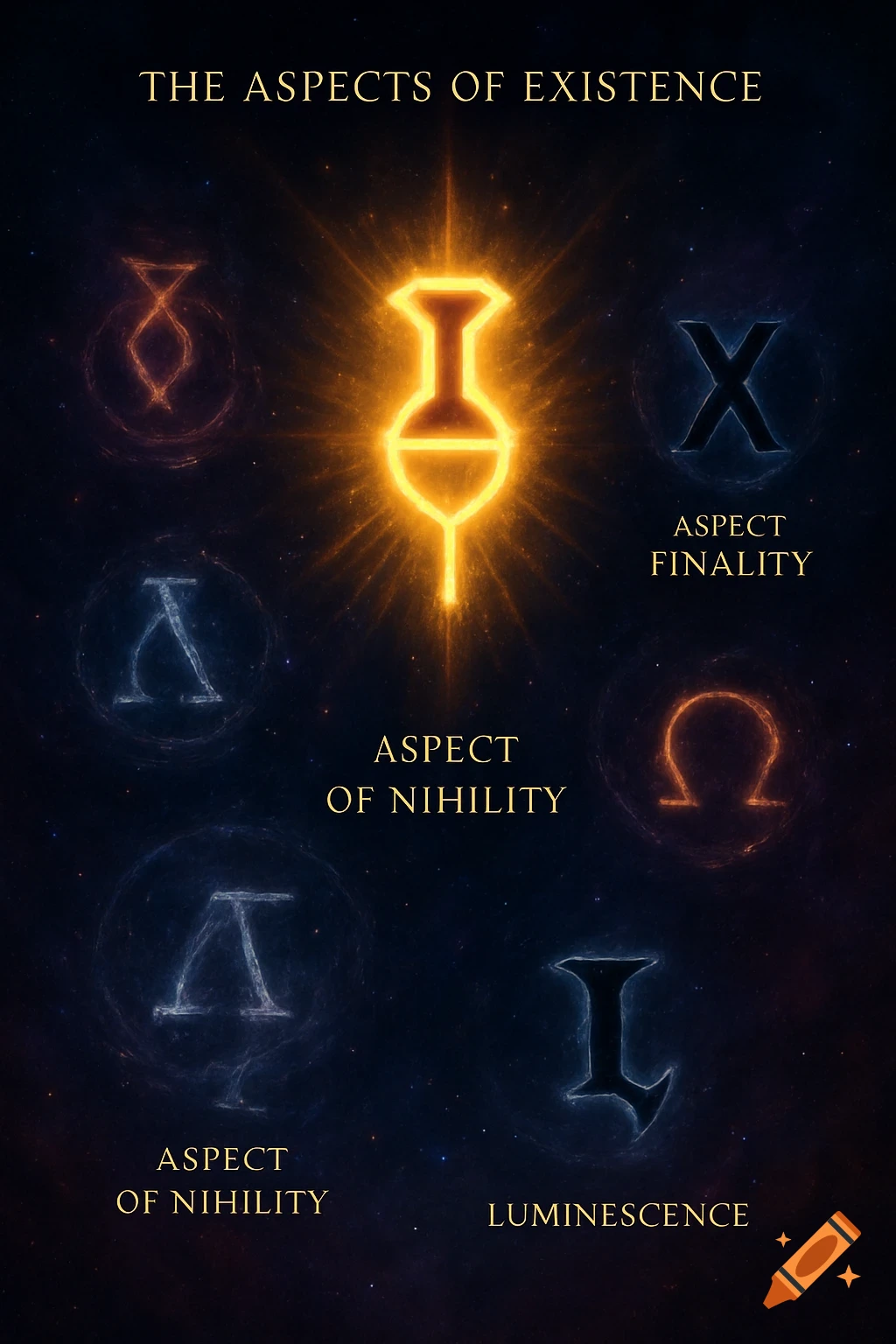 Glowing cosmic symbols on a dark, starry background, titled "The Aspects of Existence" with some symbols labeled with words like "Aspect Finality" and "Aspect of Nihility"