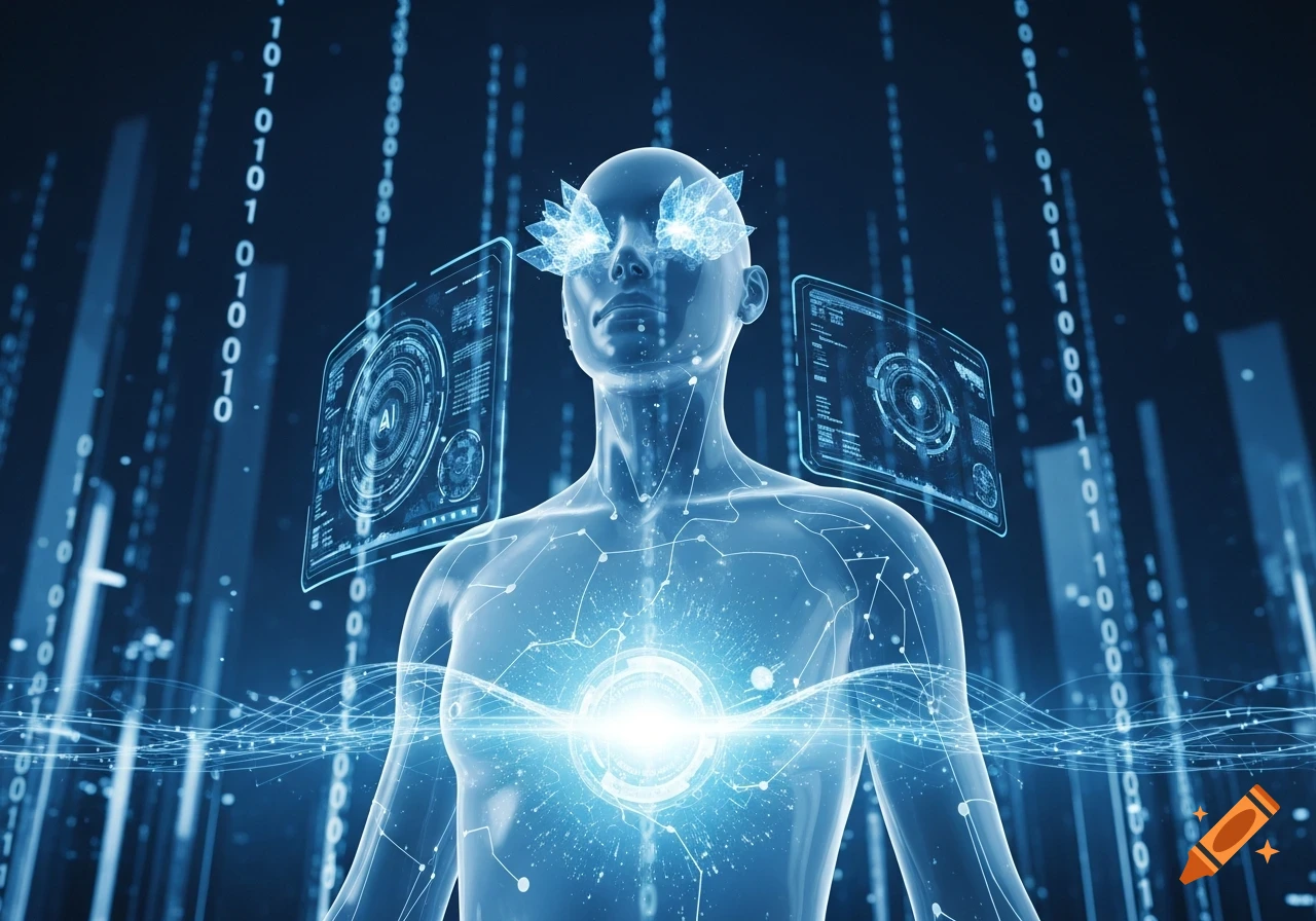 A glowing translucent human figure with digital screens and binary code in a blue sci-fi style.