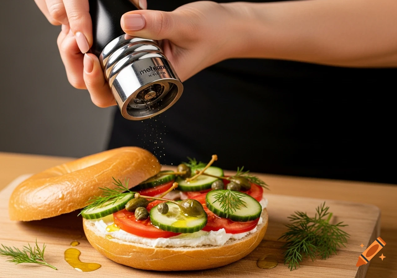 A person's hand uses a pepper mill to grind fresh pepper over an open bagel topped with cream cheese, tomato, cucumber, capers, and dill, on a wooden board.