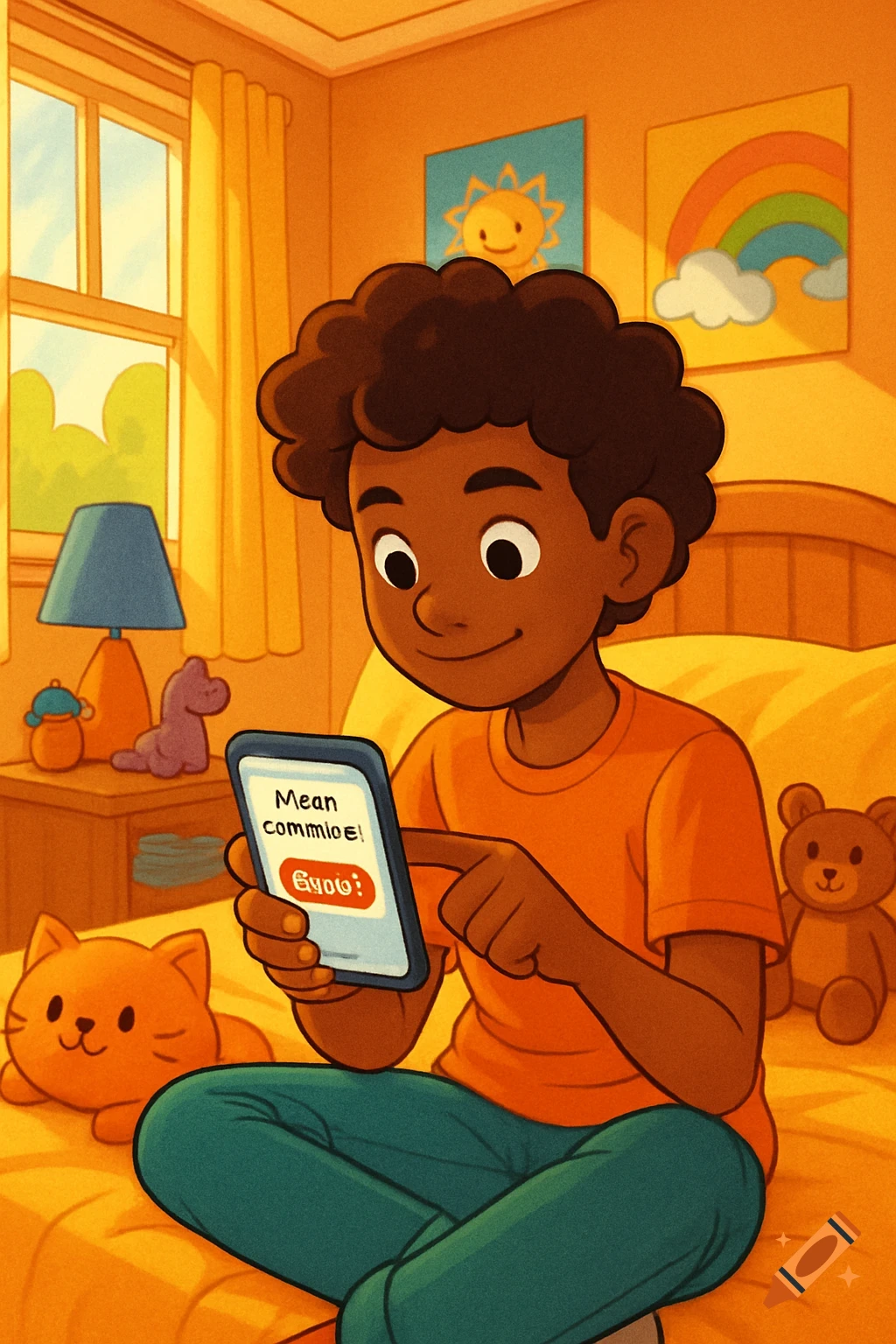 A cartoon boy with curly brown hair sits on a yellow bed, looking at his phone, with a cat and teddy bear nearby.