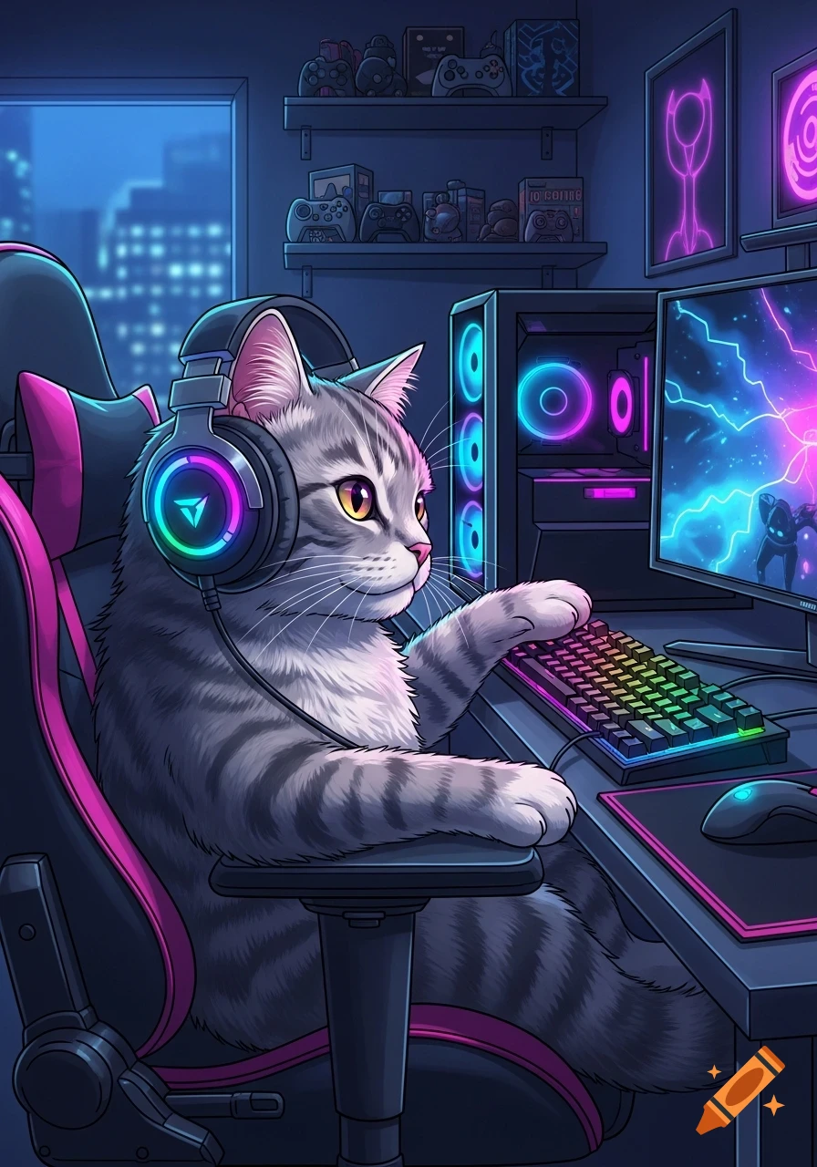 A grey tabby cat wearing glowing headphones sits in a pink and black ...