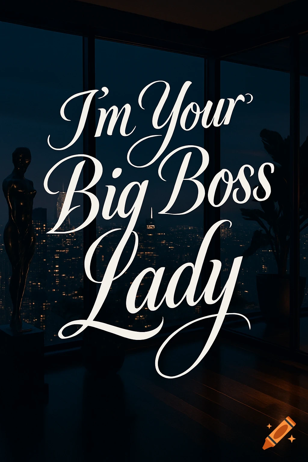 White script text 'I'm Your Big Boss Lady' over a night cityscape view from a high-rise building.