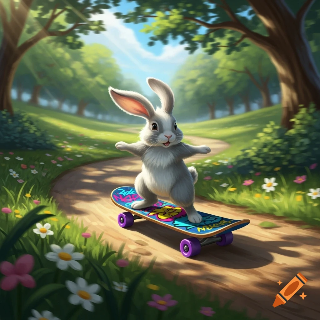 A cute gray and white cartoon rabbit balances on a colorful skateboard on a winding dirt path through a sunny green park filled with trees and flowers.