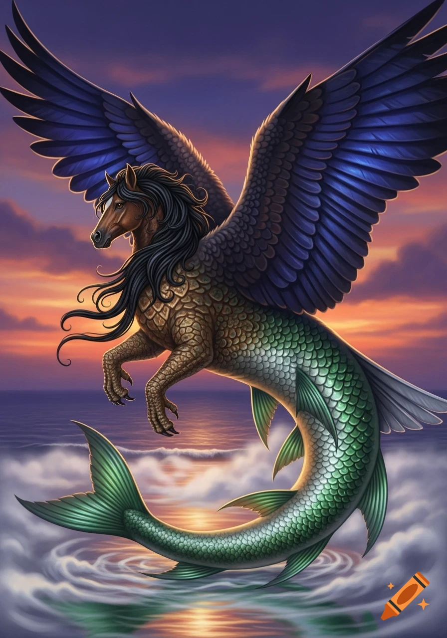 A majestic mythical creature with a horse head, eagle wings, lizard-like body, and fish tail rises from the ocean at sunset.