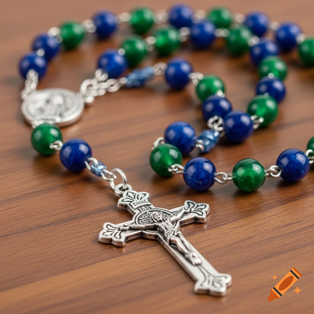 A close-up shot of a blue and green rosary with a silver crucifix resting on a wooden surface.