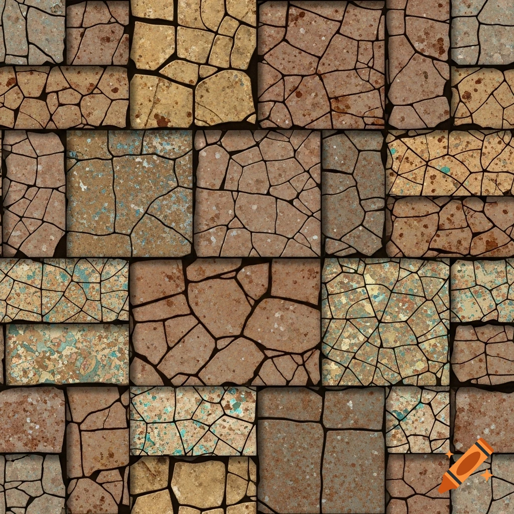 A seamless pattern of cracked, weathered, and dirty tiles in shades of brown, beige, and blue-green.