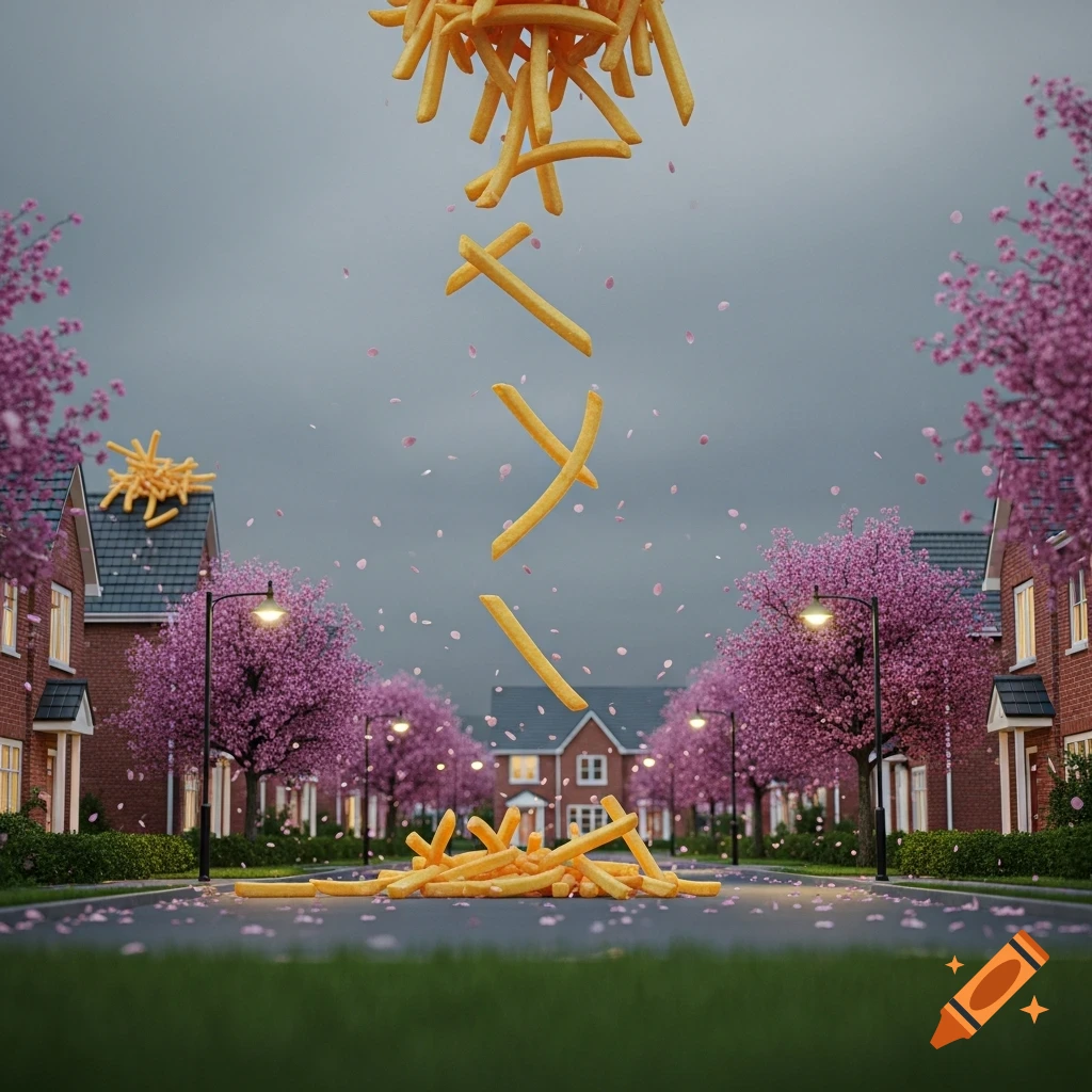 French fries rain down onto a suburban street lined with pink cherry blossom trees, with a pile already on the asphalt.