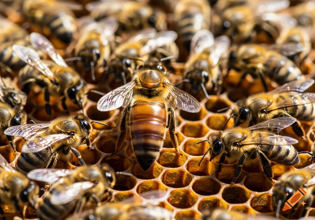 Close-up of numerous honeybees clustered on a golden honeycomb, with a prominent bee in the center.