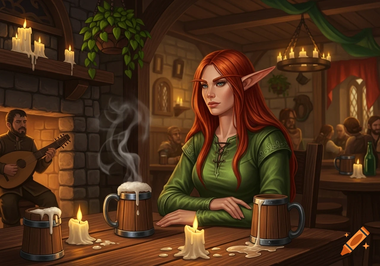 A red-haired high elf in a green tunic sits at a wooden table in a dimly lit fantasy tavern with steamy mugs and candles.