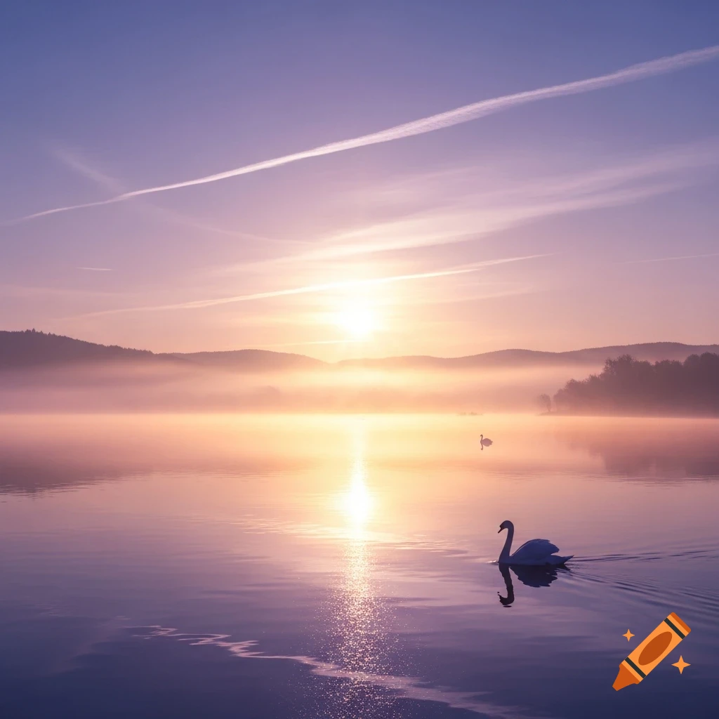 A serene sunrise over a misty lake with two swans swimming, mountains visible in the hazy background. Photorealistic.