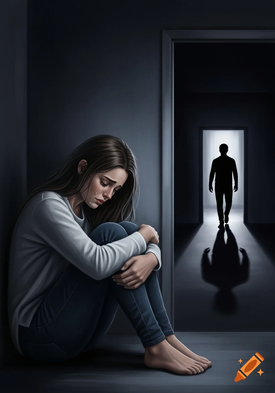 A woman with long dark hair sits crying in a dark corner, while a man's silhouette walks away through a doorway in the background, digital art.