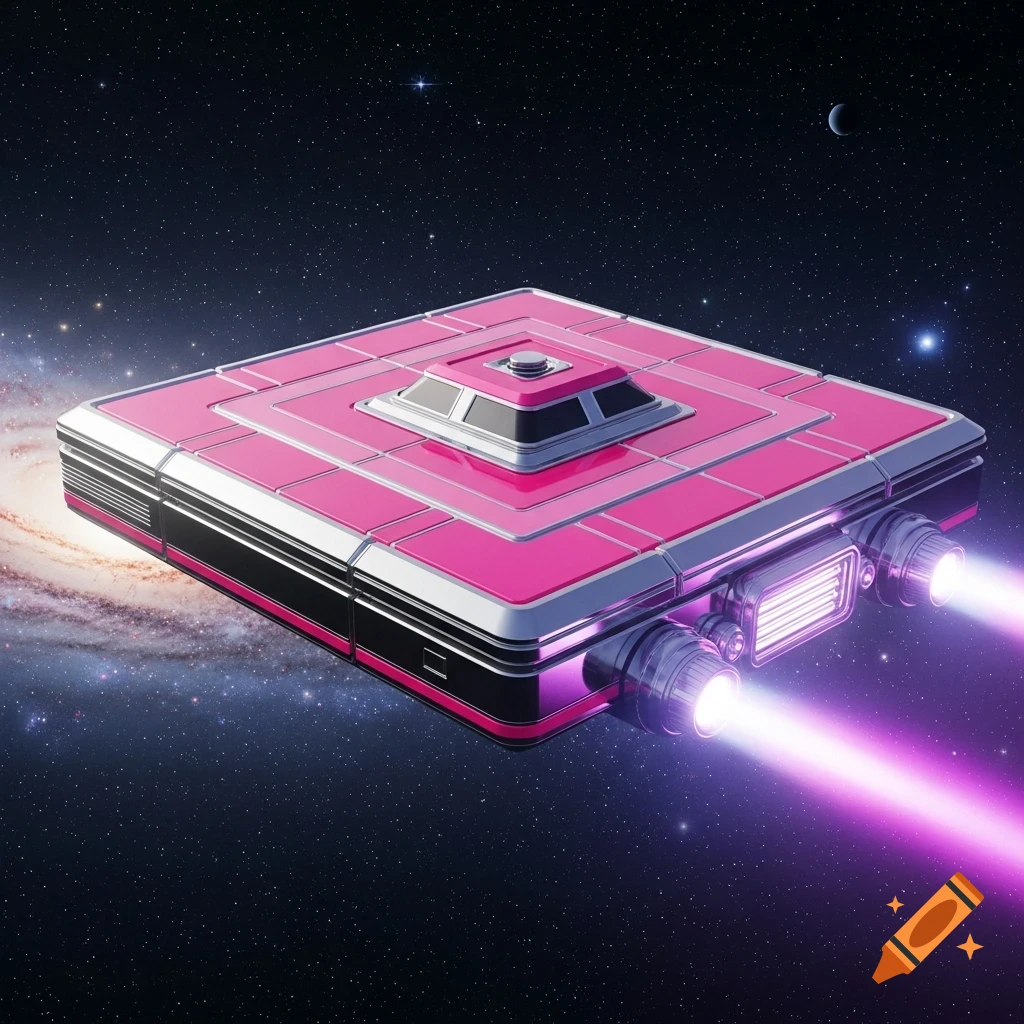 A shiny pink squared spaceship with glowing purple engines flies through a star-filled galaxy.