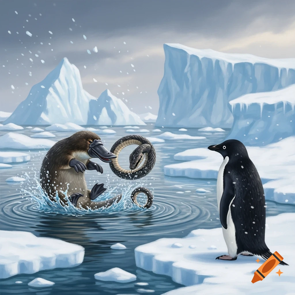 A cartoon platypus splashes in arctic water, fighting a coiled black snake, as an Adélie penguin watches from an ice floe amidst icebergs.