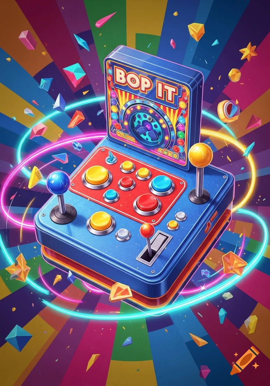 A vibrant illustration of an arcade-style game console with 'BOP IT' on its screen, surrounded by neon rings and geometric shapes.