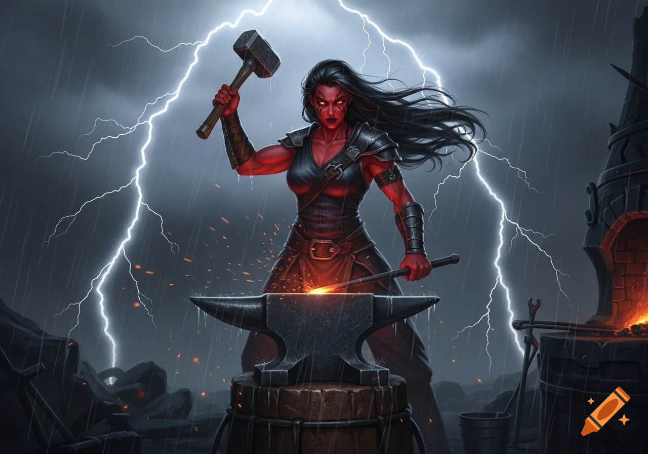 Red-skinned female blacksmith raises a hammer over an anvil, with a lightning storm and forge in the background. Digital art.