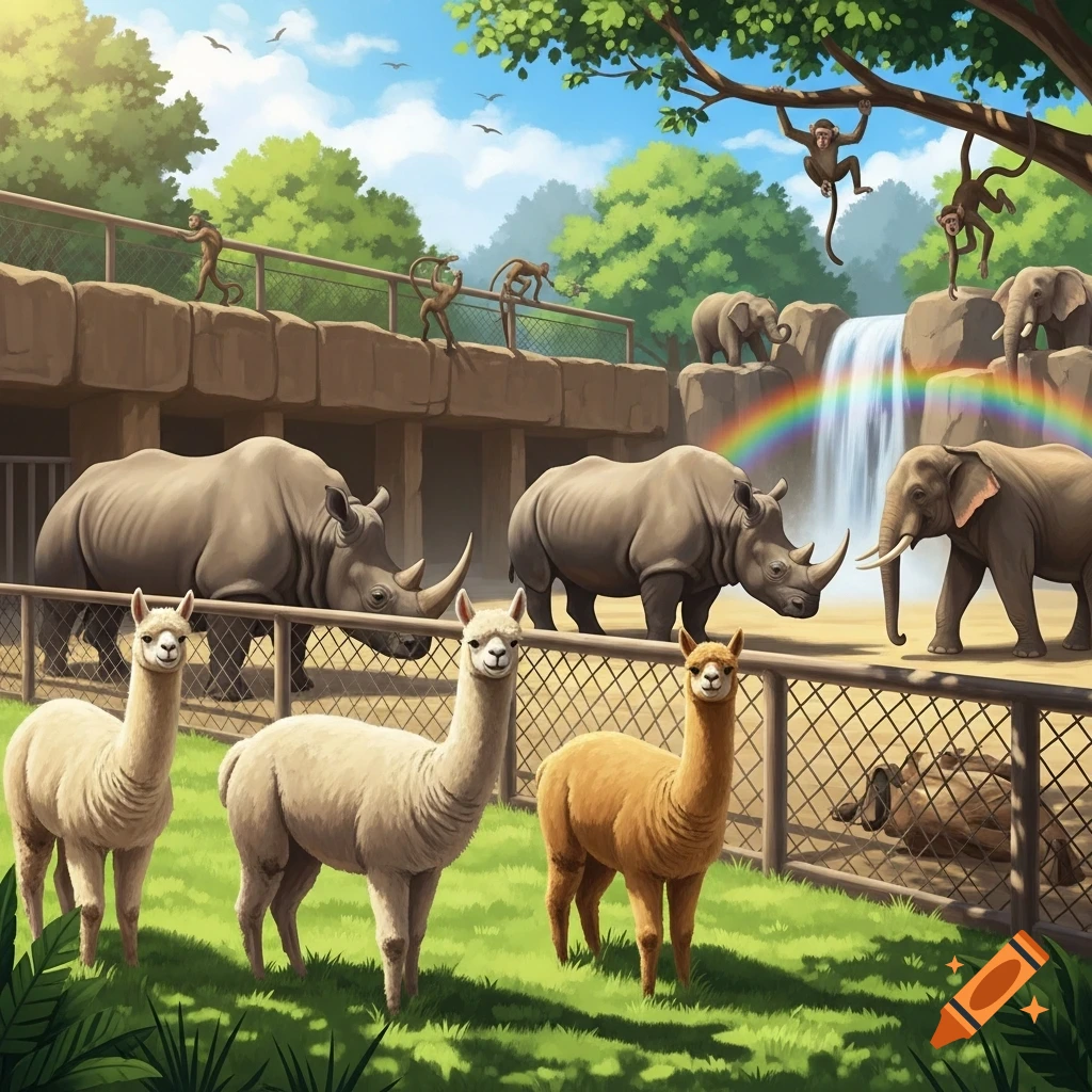 Colorful illustration of a zoo with alpacas, rhinos, elephants, and monkeys in enclosures, featuring a waterfall and rainbow.