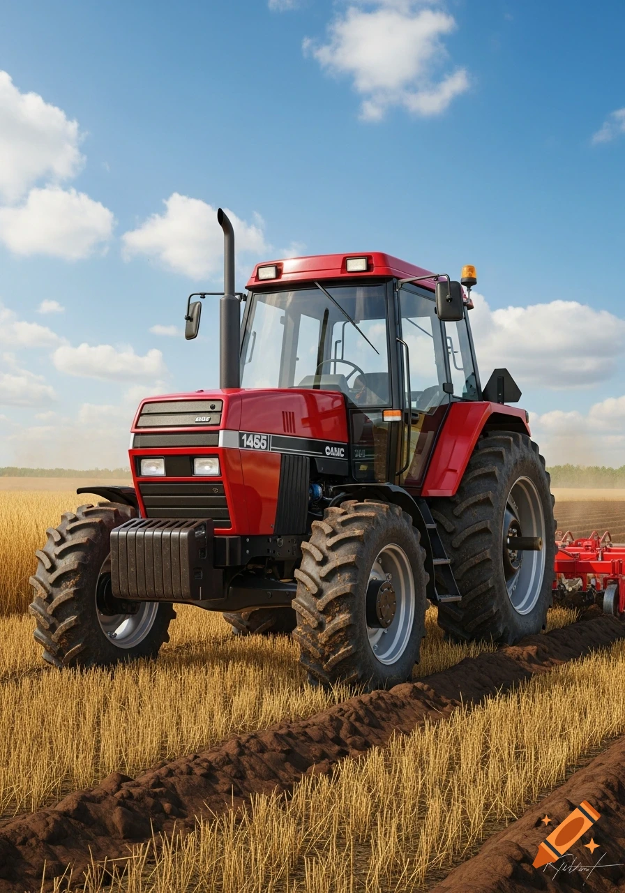 A red Case IH 1455 tractor plowing a field under a bright blue sky with white clouds, shown from a low angle.
