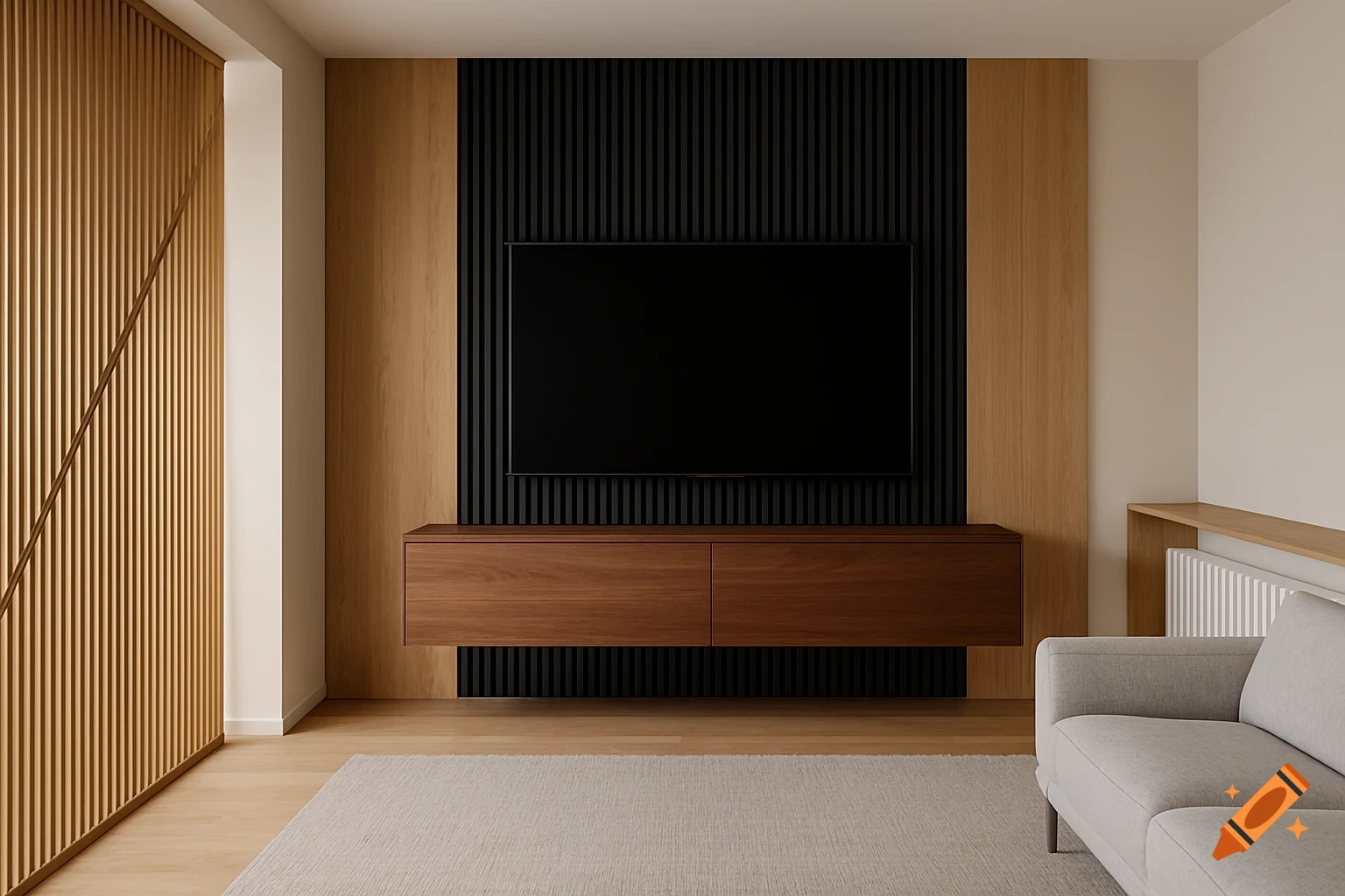 A modern living room with a large TV mounted on a black slatted wall, a floating wooden cabinet, a slatted room divider, and a light gray sofa.