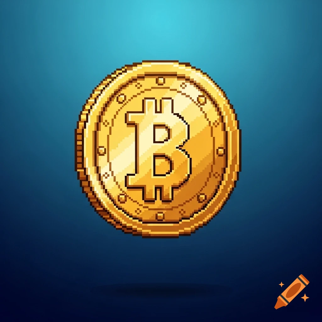 A shiny golden pixel art Bitcoin coin floats against a dark blue background.