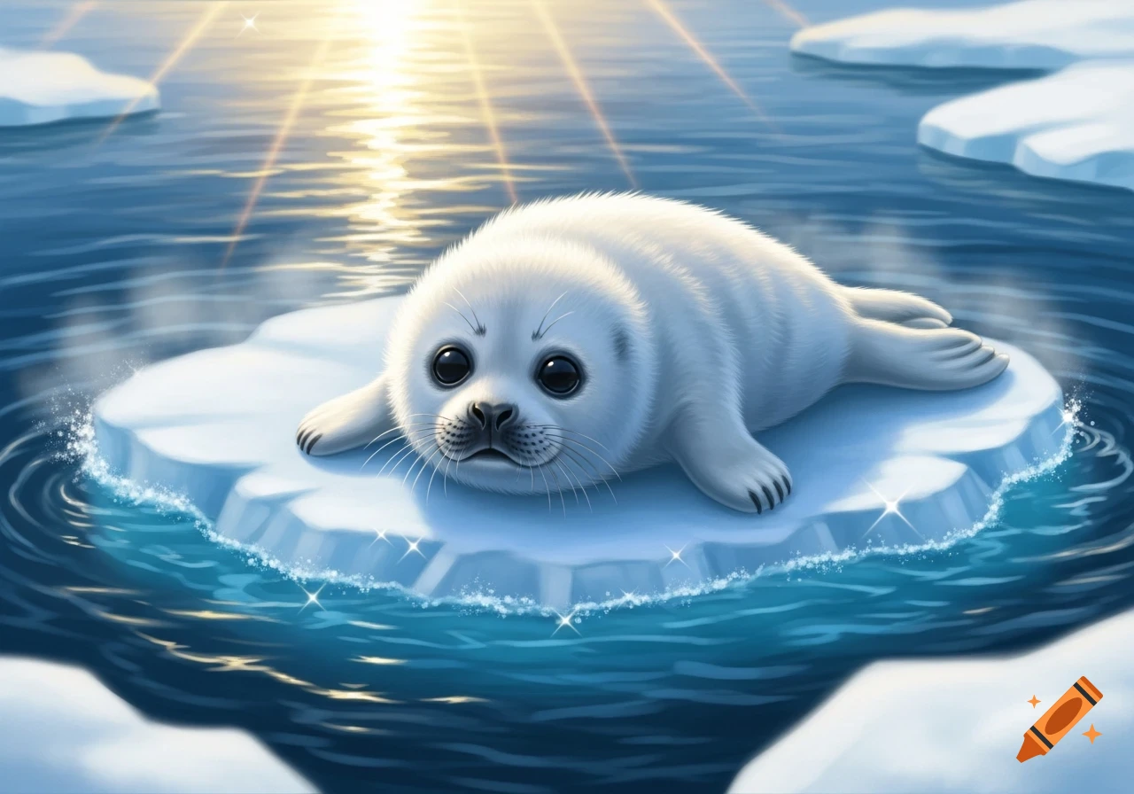 A cute, fluffy white baby seal lies on a small ice floe in a sunny blue ocean, depicted in an illustrative style.