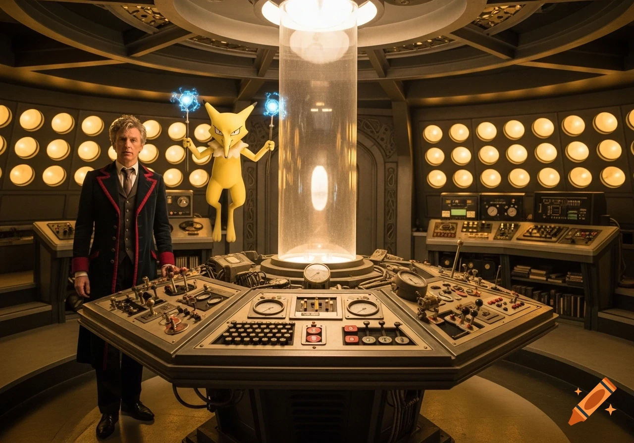 A man resembling the Doctor stands in the TARDIS console room with the Pokémon Alakazam, which floats holding glowing spoons.
